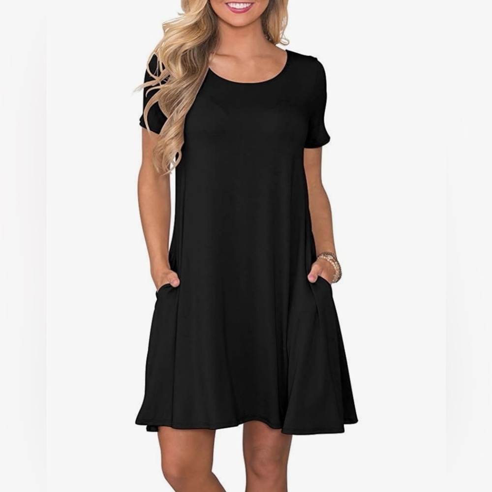 NWT WNEEDU Dress Simple Black Classic  Pockets Soft Material Basic NEW Women L